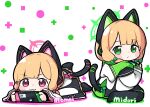  2girls animal_ear_headphones animal_ears black_thighhighs blonde_hair blue_archive blush_stickers cat_tail character_name closed_mouth fake_animal_ears green_eyes green_halo halo handheld_game_console headphones highres holding holding_handheld_game_console jacket long_sleeves midori_(blue_archive) mitsuki/saniya momoi_(blue_archive) multiple_girls pink_halo playing_games red_eyes short_hair siblings sisters smile tail thigh-highs twins white_jacket 