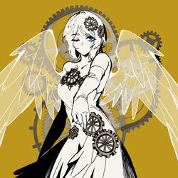  1girl bare_shoulders clock_hair_ornament disenchant_ego dress e.g.o_(project_moon) elbow_gloves everlasting_faust_(project_moon) faust_(project_moon) gear_hair_ornament gears gloves highres limbus_company looking_at_viewer one_eye_closed project_moon short_hair simple_background solo strapless strapless_dress white_dress white_gloves white_hair white_wings wings yellow_background 