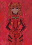  1girl blue_eyes bodysuit commentary effy_neprin highres holding holding_polearm holding_weapon interface_headset lance_of_longinus_(evangelion) long_hair looking_at_viewer neon_genesis_evangelion pilot_suit plugsuit polearm red_background red_bodysuit redhead solo souryuu_asuka_langley standing straight-on twintails weapon 