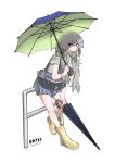  1girl absurdres alternate_costume arknights bag black_umbrella blue_skirt boots bow commentary_request dated duffel_bag feathered_wings feathers gaoling_gangqin green_bow green_umbrella hair_bow head_wings highres holding holding_umbrella leaning long_hair looking_at_viewer mulberry_(arknights) pleated_skirt shirt simple_background skirt smile solo two-tone_umbrella umbrella very_long_hair white_background white_feathers white_hair white_shirt white_wings wings yellow_footwear 