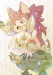  1girl 1other :3 animal_ears border brown_fur buna_(beech_forest) carrying carrying_person claws furry green_border green_pants highres inset_border leg_lock long_hair made_in_abyss mitty_(made_in_abyss)_(furry) nanachi_(made_in_abyss) open_mouth pants piggyback pointing puffy_pants rabbit_ears red_eyes redhead smile whiskers white_background white_hair yellow_eyes 