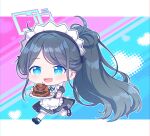  1girl absurdly_long_hair apron aris_(blue_archive) aris_(maid)_(blue_archive) black_dress black_footwear black_hair blue_archive blue_eyes blush cake chocolate dress food frilled_apron frills full_body heart highres holding holding_plate kaoling long_hair maid maid_apron maid_headdress official_alternate_costume official_alternate_hairstyle open_mouth pantyhose plate ponytail puffy_short_sleeves puffy_sleeves ringed_eyes shoes short_sleeves smile solo very_long_hair white_apron white_pantyhose 