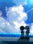  2girls aygoftenover blue_sky clouds cloudy_sky couple highres horizon koishikawa_iko light_rays momijiyama_teru multiple_girls ocean school_uniform shy_(series) sitting sky yuri 