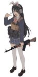  1girl akm animal_ears arm_at_side assault_rifle black_footwear black_hair blazer blue_eyes blue_jacket blue_skirt bow bowtie bulletproof_vest chest_rig commentary_request full_body gun hand_up headphones highres holding holding_gun holding_weapon jacket kalashnikov_rifle kemonomimi_mode loafers long_hair long_sleeves looking_at_viewer microphone nijisanji open_mouth pink_bow pink_bowtie plaid plaid_skirt pleated_skirt rabbit_ears rifle school_uniform shoes sigama simple_background skirt smile solo sparkle standing thigh-highs tsukino_mito tsukino_mito_(1st_costume) v virtual_youtuber weapon white_background white_thighhighs 