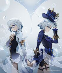  2girls absurdres ascot back-to-back black_dress black_shorts blue_ascot blue_brooch blue_gemstone blue_hat blue_jacket closed_mouth cowboy_shot cowlick dress drop-shaped_pupils focalors_(genshin_impact) from_side furina_(genshin_impact) gem genshin_impact gradient_background gradient_clothes gradient_dress grey_background grey_hair hand_on_headwear hand_on_own_chest hat heterochromia high-low_skirt highres holding_hands jacket juliet_sleeves kodona lolita_fashion long_hair long_sleeves looking_at_viewer mismatched_pupils miyoushe_watermark multiple_girls parted_lips puffy_sleeves short_hair short_shorts shorts symbol-shaped_pupils top_hat vinsonfeng water wavy_hair white_dress 