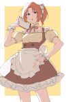  1girl absurdres alternate_costume apron border bow bowtie brown_bow brown_bowtie brown_dress brown_hair clipboard detached_collar dress enmaided hand_on_own_hip hibike!_euphonium highres holding holding_clipboard looking_at_viewer maid matarasu_(aaaaaaaaj) nakagawa_natsuki outside_border parted_bangs parted_lips plaid plaid_shirt ponytail shirt short_hair simple_background solo standing teeth upper_teeth_only violet_eyes white_border wrist_cuffs yellow_background yellow_shirt 
