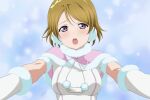 1girl bow breasts brown_hair earmuffs gloves hair_bow highres koizumi_hanayo large_breasts looking_at_viewer love_live! love_live!_school_idol_project nagi_mkrnpn outstretched_arms short_hair violet_eyes winter_clothes
