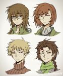  4boys absurdres atou_haruki black_eyes black_vest blonde_hair braid bright_pupils brown_eyes brown_hair brown_sweater chinese_commentary closed_mouth collared_shirt commentary_request frown glasses green_jacket green_scarf green_shirt harada_kazaru harada_minoru harada_mutei highres jacket male_focus multiple_boys open_clothes open_jacket red_eyes ribbed_sweater saibou_shinkyoku scar scar_on_face scar_on_forehead scarf shirt short_hair side_braid simple_background smile sweater turtleneck turtleneck_sweater vest white_background white_pupils white_shirt white_sweater zhainuxiuer 