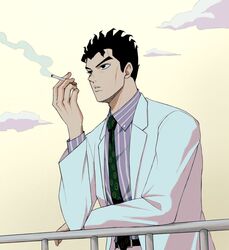  1boy against_railing black_eyes black_hair black_necktie cigarette clouds commentary_request diamond_wa_kudakenai highres holding holding_cigarette jacket jojo_no_kimyou_na_bouken kawajiri_kosaku kira_yoshikage male_focus necktie pants railing shirt smoking solo striped_clothes striped_shirt suit takumi1230g white_jacket white_pants white_suit 
