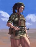  1girl absurdres bandaged_arm bandaged_hand bandages beret blood blood_on_bandages brown_hair camouflage cigarette from_side green_eyes green_hat gun hat highres looking_at_viewer mat-49 military_uniform muscular muscular_female original ponytail shorts smoking soldat_(dndosld73832) solo submachine_gun thick_thighs thighs uniform weapon woodland_camouflage yellow_shorts 