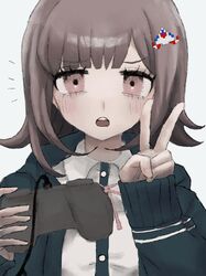  1girl :o black_jacket black_shirt blush brown_hair controller danganronpa_(series) danganronpa_2:_goodbye_despair dress_shirt galaga game_controller highres holding holding_controller holding_game_controller jacket medium_hair nanami_chiaki neck_ribbon nesage_(mokomokosakana) open_clothes open_jacket pink_eyes pink_ribbon ribbon shirt simple_background sleeves_past_wrists solo teeth upper_teeth_only v white_background white_shirt 