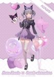  artist_name balloon black_footwear black_ribbon black_shirt bow character_name full_body grey_hair hair_between_eyes hair_ribbon hand_up heart_balloon highres kanda_done kuromi long_sleeves looking_at_viewer mary_janes medium_hair off-shoulder_shirt off_shoulder onegai_my_melody open_mouth purple_bow purple_nails purple_skirt ribbon sanrio shirt shoes skirt smile solo standing standing_on_one_leg thigh-highs twintails violet_eyes white_thighhighs zettai_ryouiki 
