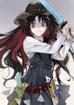  1girl @_@ black_hair collared_shirt cowboy_hat fate/grand_order fate_(series) gun hat highres holding holding_weapon holster ishtar_(fate) katana kino_kokko long_hair long_sleeves looking_at_viewer multicolored_hair official_alternate_costume parted_bangs red_eyes redhead ribbon shirt solo space_ishtar_(fate) sweat sword tearing_up trembling two-tone_hair two_side_up weapon white_shirt 
