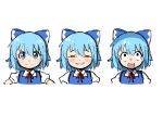  1girl absurdres anya&#039;s_heh_face_(meme) black_eyes blue_bow blue_dress blue_eyes blue_hair blush blush_stickers bow bowtie cirno closed_mouth collared_shirt dress expressions hair_between_eyes hands_on_own_hips highres looking_to_the_side looking_up meme miz_(mizillustration) multiple_views one-hour_drawing_challenge parody parororo puffy_short_sleeves puffy_sleeves red_bow red_bowtie shirt short_hair short_sleeves simple_background sketch smile smug spy_x_family surprised teeth touhou upper_body v-shaped_eyebrows white_background 