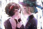  2girls ascot black_coat black_hair black_hat blue_bow boater_hat bow coat curly_hair eye_contact face-to-face frog_hair_ornament from_side grey_eyes grey_hair grin hair_bun hair_ornament hairband half-closed_eyes hand_on_another&#039;s_cheek hand_on_another&#039;s_face hand_on_another&#039;s_wrist hand_up hands_up hat hat_bow holding_hands jewelry looking_at_another multiple_girls nashinome_(y5wlht) necklace parted_lips pearl_necklace profile rain red_eyes reverse:1999 schneider_(reverse:1999) shirt short_hair single_side_bun smile upper_body vertin_(reverse:1999) water_drop white_ascot white_background white_hairband white_shirt 