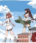  4girls abyssal_ship aircraft airplane akitsushima_(kancolle) black_sailor_collar blue_sky bokukawauso brown_hair building clouds day dress dual_persona enemy_lifebuoy_(kancolle) giant giantess gyorui_(amezari) h8k headgear kantai_collection long_hair multiple_girls outdoors outstretched_arms pleated_skirt ponytail red_sailor_collar red_skirt sailor_collar sailor_dress short_hair single_thighhigh skirt sky speaking_tube_headset tan_yang_(kancolle) thigh-highs white_dress yamato_(kancolle) yukikaze_(kancolle) yukikaze_kai_ni_(kancolle) z_flag 