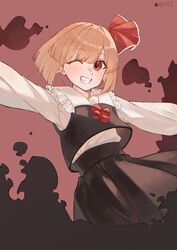  1girl absurdres black_skirt black_vest blonde_hair cindy717 collared_shirt darkness frilled_shirt_collar frills grin hair_ribbon highres long_sleeves looking_at_viewer one_eye_closed outstretched_arms red_eyes red_ribbon ribbon rumia shirt short_hair skirt smile solo spread_arms touhou vest white_shirt 