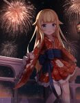  1girl :d aerial_fireworks blonde_hair blue_eyes blunt_bangs english_commentary fireworks flipped_hair highres japanese_clothes kimono lamppost night night_sky obi outdoors princess_(princess_principal) princess_principal railing red_kimono sash sky smile standing ylpz_23 