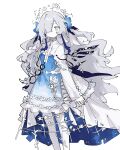  1girl absurdres anemone_(flower) black_ribbon blue_dress blue_flower blue_ribbon bow colored_skin dress dress_bow dress_flower feet_out_of_frame flower frilled_skirt frills gradient_clothes gradient_dress grey_eyes grey_hair hair_flower hair_ornament hair_over_one_eye hair_ribbon hashtag-only_commentary highres isekaijoucho kamitsubaki_studio long_hair long_sleeves looking_to_the_side noranekogahara ribbon simple_background skirt solo standing three_quarter_view two-tone_dress very_long_hair virtual_youtuber white_background white_bow white_dress white_flower white_skin wide_sleeves 