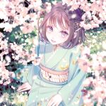  1girl black_hair blue_kimono cherry_blossoms commentary_request day enahamaru full_body grass grey_eyes hair_ornament highres japanese_clothes kimono looking_at_viewer obi original outdoors parted_lips sash short_hair sitting smile solo sunlight 