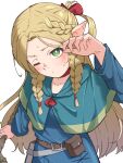  1girl belt blue_capelet blue_robe blush bow braid capelet choker cowboy_shot dungeon_meshi elf green_eyes hair_around_ear hair_bow hand_on_own_head hand_up highres hood hooded_capelet long_hair looking_up marcille_donato multiple_braids one_eye_closed pointy_ears pouch red_bow red_choker robe ruriho simple_background solo staff sweat white_background 