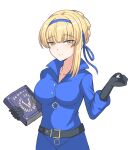  1girl belt belt_buckle black_belt black_gloves blonde_hair blue_dress blue_ribbon book braid breasts buckle closed_mouth commentary_request dress erinnyes french_braid gloves hair_ribbon highres holding holding_book long_sleeves looking_at_viewer medium_breasts merope_(p5x) persona persona_5 persona_5:_the_phantom_x ribbon simple_background solo white_background yellow_eyes 