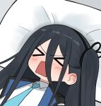  &gt;o&lt; 1girl aris_(blue_archive) black_hair black_jacket blue_archive blush flasso highres jacket long_hair lying necktie open_mouth pillow shirt side_ponytail solo white_shirt 