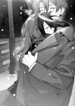  1boy 1girl absurdres animal_ears closed_eyes coat earrings greyscale hair_between_eyes highres horse_ears horse_girl horse_tail hug jacket jewelry koibamboo lamppost long_hair long_sleeves monochrome multicolored_hair night outdoors scarf short_hair single_earring snow snowing streaked_hair symboli_rudolf_(umamusume) tail trainer_(umamusume) umamusume winter_clothes winter_coat 