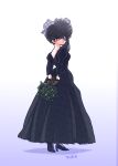  1girl black_dress black_flower black_footwear black_gloves black_hair black_rose black_veil bouquet bridal_veil dress flower gloves gradient_background grey_eyes high_heels high_side_ponytail highres holding holding_bouquet kunou_kodachi lace lace_gloves lace_trim looking_at_viewer looking_back ranma_1/2 rose signature veil wanta_(futoshi) wedding_dress 