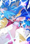  1girl blue_cape blue_dress blue_eyes blue_hair cape commentary cure_sky cut_bangs detached_sleeves diffraction_spikes dress earrings feathers foreshortening frilled_dress frills frown gloves highres hirogaru_sky!_precure jewelry leg_up long_hair looking_to_the_side magical_girl multicolored_hair open_mouth pink_hair precure puffy_detached_sleeves puffy_sleeves punching short_dress single_sidelock sleeveless sleeveless_dress solo sora_harewataru standing streaked_hair takoongyi thigh-highs twintails two-tone_dress two-tone_hair very_long_hair white_background white_dress white_gloves white_thighhighs wing_hair_ornament 
