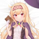  1girl bed_sheet blonde_hair blush book breasts cape closed_mouth company_name copyright_notice dress gloves hair_between_eyes hairband holding holding_book little_witch_nobeta long_hair looking_at_viewer lying no_headwear nobeta official_art on_back purple_cape red_eyes red_hairband small_breasts smile solo striped_clothes striped_dress upper_body vertical-striped_clothes vertical-striped_dress very_long_hair white_gloves 