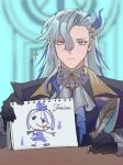  1boy ascot black_gloves black_jacket black_vest blue_eyeshadow blue_gemstone blue_hair blurry blurry_background closed_mouth commentary_request drawing_(object) e1voipius52iwof eyeshadow feather_hair_ornament feathers frills furina_(genshin_impact) gem genshin_impact gloves gold_trim grey_ascot grey_hair grey_shirt hair_between_eyes hair_ornament hand_up highres holding holding_notebook holding_quill indoors jacket lapels long_hair long_sleeves looking_at_viewer makeup male_focus multicolored_hair neuvillette_(genshin_impact) notebook open_clothes open_jacket pointy_ears quill shirt sitting solo sparkle suit table two-tone_hair vest violet_eyes 