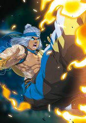 1boy angry badass blue_headband blurry_background chinese dragon_tattoo fire flying_kick glowing_eyes god kick kicking liu_kang male male_focus male_only mortal_kombat mortal_kombat_11 open_mouth pixiv shirtless solo solo_focus toroyo! white_hair