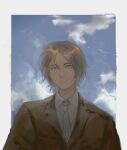  1boy blue_eyes blue_sky border brown_hair brown_jacket chinese_commentary clouds collared_shirt commentary_request eren_yeager expressionless highres jacket looking_up male_focus necktie outdoors outside_border parted_lips ramiica shingeki_no_kyojin shirt short_hair sky solo upper_body white_border white_necktie white_shirt 