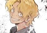  1boy blonde_hair blood blood_on_face close-up collared_shirt ezui grey_eyes grey_shirt grin highres looking_at_viewer male_focus one_piece portrait sabo_(one_piece) scar scar_on_face shirt short_hair smile solo wavy_hair 
