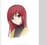  1other androgynous art_program_in_frame black_sweater closed_mouth euthan jacket len&#039;en long_hair no_headwear ooya_kunimitsu open_clothes open_jacket other_focus portrait red_eyes redhead smile solo sweater turtleneck turtleneck_sweater yellow_jacket 
