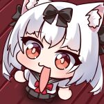  1girl animal_ear_fluff animal_ears azur_lane black_bow black_sailor_collar bow cat_ears chibi commentary_request from_above full_body glitchcampus grey_skirt hair_bow looking_at_viewer medium_bangs medium_hair open_mouth orange_eyes parody sailor_collar school_uniform serafuku shirt skirt solo style_parody white_hair white_shirt yukikaze_(azur_lane) zeroku77_(style) 