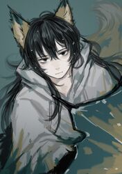  1boy alternate_hair_length alternate_hairstyle animal_ears black_eyes black_hair closed_mouth e.g.o_(project_moon) expressionless fox_boy fox_ears fox_tail highres holding holding_umbrella limbus_company long_hair looking_at_viewer project_moon shan23852196 solo tail umbrella very_long_hair yi_sang_(project_moon) 