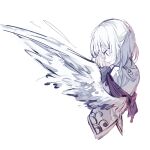  1girl angel_wings bow bowtie braid dress feathered_wings french_braid grey_hair highres jacket kishin_sagume purple_dress red_bow red_bowtie single_wing solo suit_jacket touhou upper_body white_wings wings zhixie_jiaobu 