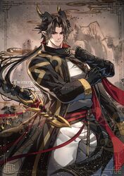  1boy arknights artist_name black_coat brown_background brown_hair chong_yue_(arknights) clenched_hands closed_mouth coat cowboy_shot dragon_boy dragon_horns dragon_tail earrings hands_up hashtag-only_commentary high_collar highres horns jewelry kurosaki_sasori long_hair long_sleeves looking_at_viewer low_ponytail male_focus pointy_ears red_eyes ribbon single_sleeve solo tail tail_ornament tail_ribbon twitter_username very_long_tail watermark wide_sleeves 