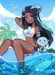  1girl arm_behind_head armlet axolotl bare_arms bare_legs belly_chain black_hair blue_eyes blue_eyeshadow blue_hair breasts crop_top dark-skinned_female dark_skin dynamax_band earrings eyeshadow hair_bun highres hoop_earrings jewelry makeup midriff multicolored_hair necklace nessa_(pokemon) pokemon pokemon_(creature) pokemon_swsh shirt shorts single_hair_bun sleeveless sleeveless_shirt smile sports_bra touyarokii two-tone_hair wailord whale wooper 