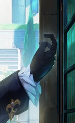  1boy black_gloves blue_coat cat coat door genshin_impact gloves hand_focus harukiryo highres knocking long_sleeves neuvillette_(genshin_impact) out_of_frame outdoors pov pov_hands solo stairs sunlight tree 