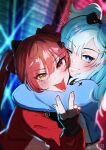  2girls :p black_gloves blue_eyes blue_hair blush earrings fingerless_gloves gloves grin hair_ornament heterochromia highres hololive hololive_indonesia houshou_marine hug iii_(hololive) jewelry kobo_kanaeru long_hair looking_at_viewer minxei multiple_girls red_eyes redhead smile tongue tongue_out twintails virtual_youtuber yellow_eyes 