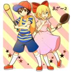  1boy 1girl biseibutu black_hair blonde_hair blue_eyes bow child dress glasses hair_bow hat mother_(game) mother_2 ness_(mother_2) open_mouth paula_(mother_2) pink_dress shirt short_hair short_sleeves smile striped_clothes striped_shirt 