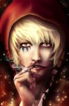 1boy blonde_hair cigarette commentary donquixote_rocinante english_commentary eyelashes facepaint highres holding holding_cigarette hood hood_up kiranmyu looking_at_viewer male_focus one_piece realistic short_hair smoke solo 