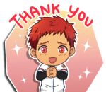  1boy bacchikoi! baseball_uniform facing_viewer furrowed_brow gradient_background kanada_toshu light_blush long_sleeves lowres male_focus mikkoukun open_mouth outline pink_background red_eyes redhead short_hair smile solo sparkle sportswear sticker_(medium) tan thank_you white_outline 