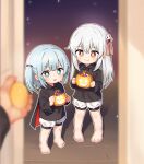  1other 2girls absurdres barefoot black_cape blue_hair blurry blurry_foreground candy cape closed_mouth commentary_request fang food full_body halloween highres jack-o&#039;-lantern kuma-bound long_hair medium_hair multiple_girls open_mouth original pointy_ears pov smile standing toes trick_or_treat white_hair 