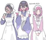  3girls :d alternate_costume amarys_(pokemon) apron black_hair blush_stickers brown_eyes carmine_(pokemon) closed_mouth colored_inner_hair crossed_bangs dark-skinned_female dark_skin dress glasses green_eyes hair_between_eyes hairband highres holding holding_tray japanese_clothes kimono lacey_(pokemon) maid maid_apron maid_headdress mole mole_under_eye multicolored_hair multiple_girls open_mouth own_hands_together pink_dress pink_hair pokemon pokemon_sv purple_dress purple_hairband purple_kimono redhead remoooon smile tray twitter_username two-tone_hair white_background yellow_eyes 