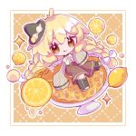  1girl apron blonde_hair bow braid chibi cup drinking_glass food fruit hair_bow hair_tubes hat hat_bow inukkomaru kirisame_marisa lemon lemon_slice long_hair side_braid single_braid skirt solo star_(symbol) touhou waist_apron white_bow wide_sleeves witch_hat yellow_eyes 