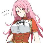  1girl absurdres bigkwl breasts dated highres kantai_collection large_breasts long_hair looking_at_viewer luigi_di_savoia_duca_degli_abruzzi_(kancolle) military_uniform multicolored_hair one-hour_drawing_challenge pink_hair red_eyes red_shirt redhead shirt simple_background smile solo streaked_hair twitter_username uniform white_background 